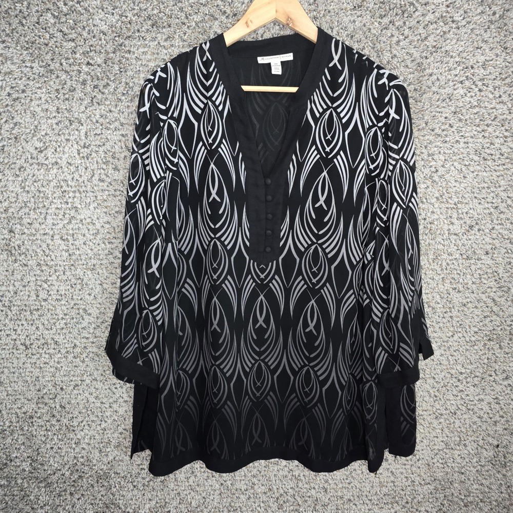 JM Collection Top Womens Plus 18W Black V Neck 3/4 Sleeve Blouse‎ Sheer Ladies